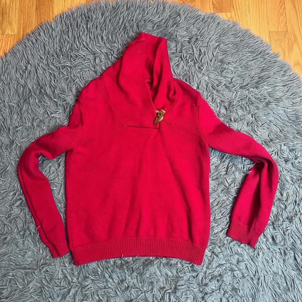 Lauren By Ralph Lauren Red Shawl Collar Sweater Gold Loop Horn Size M